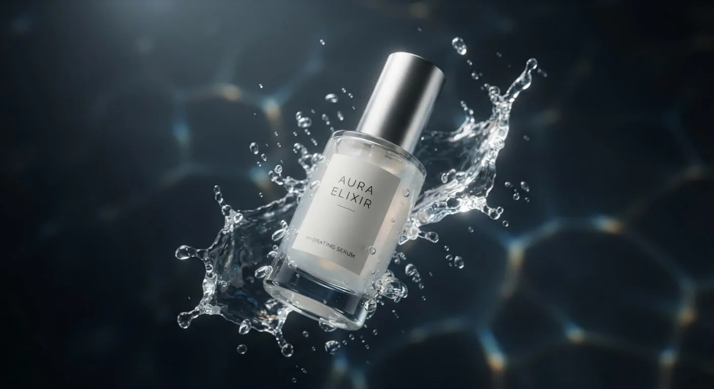 Cosmetic bottle in water splash for a 3D product video