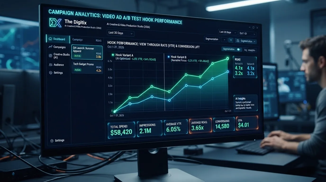Ad performance dashboard comparing hook variations
