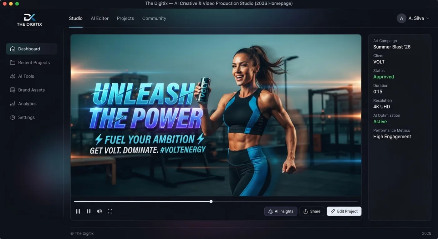 Edited ad of a fitness creator with bold captions and color grade