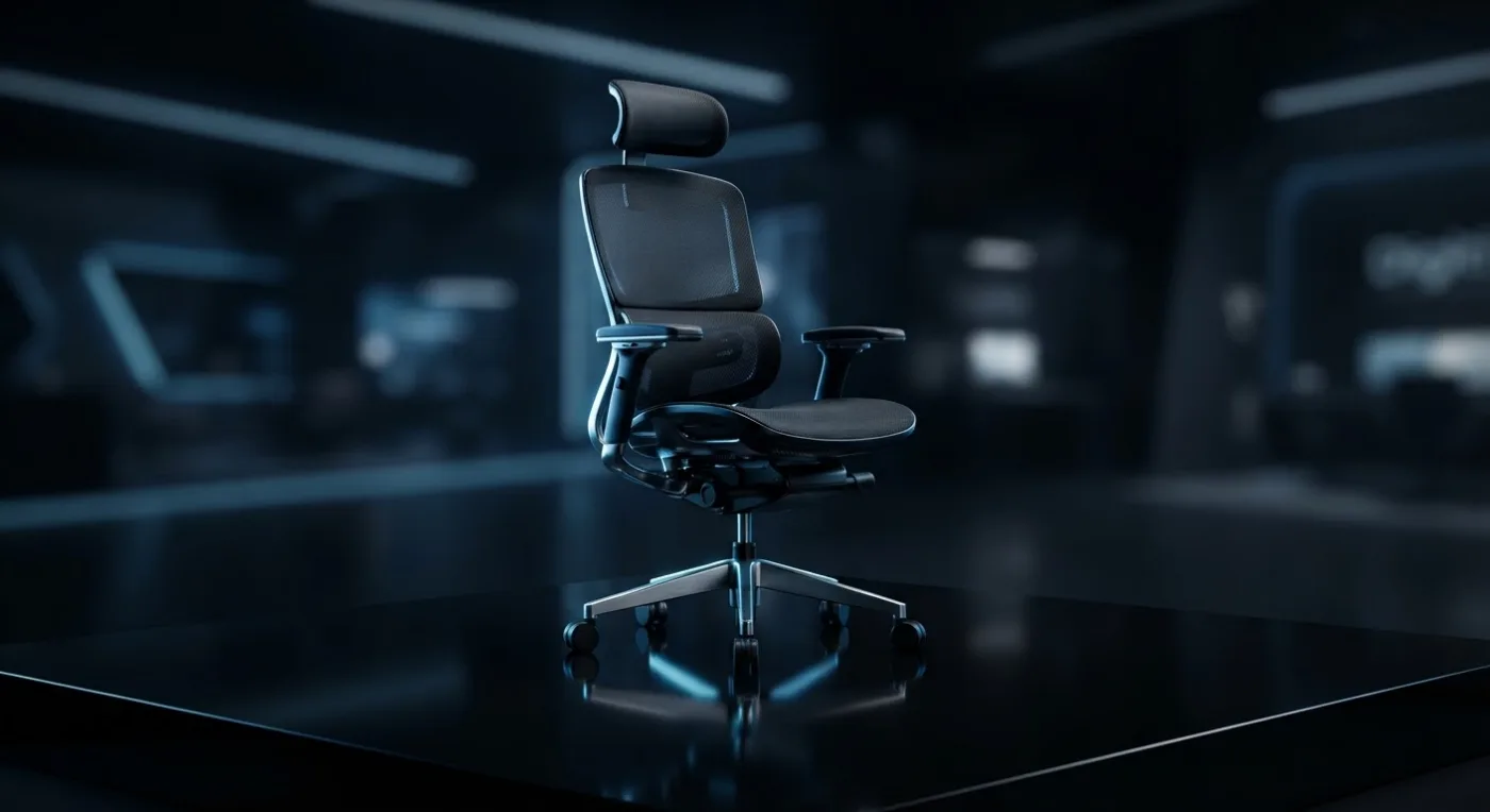 Ergonomic chair product showcase on a reflective surface