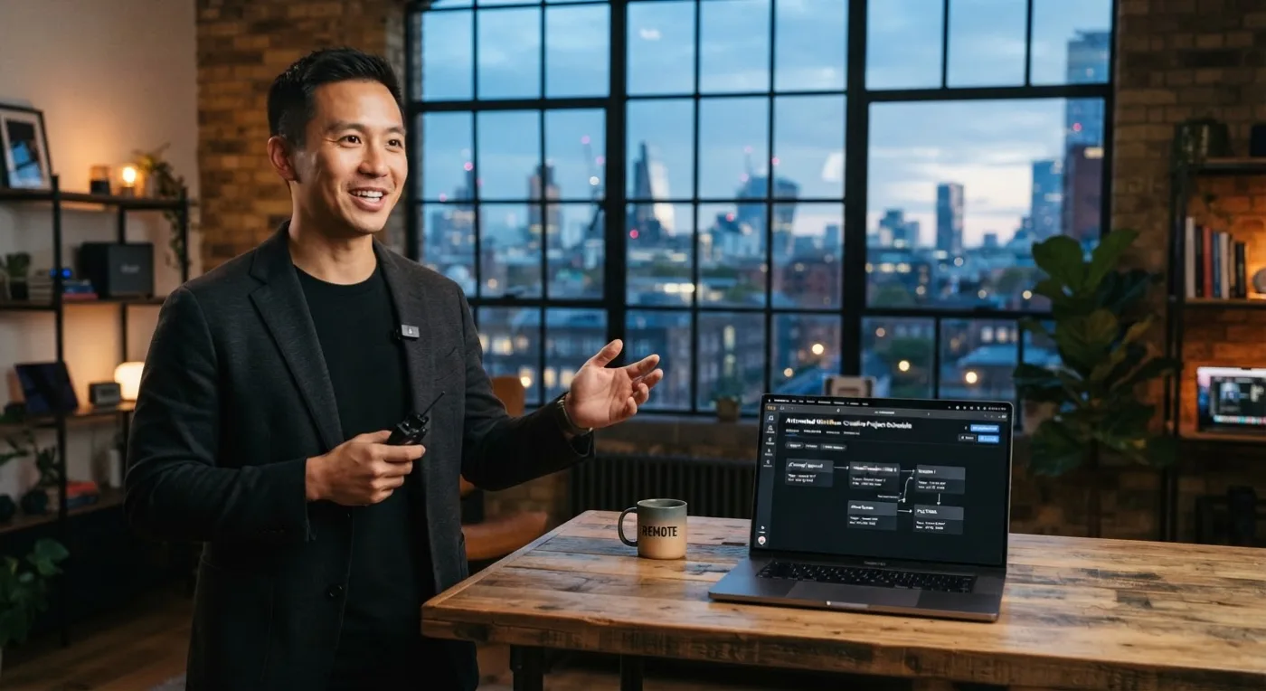 Founder telling a software story in front of a window