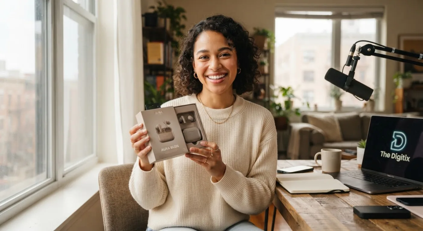 Creator unboxing wireless earbuds for a UGC ad