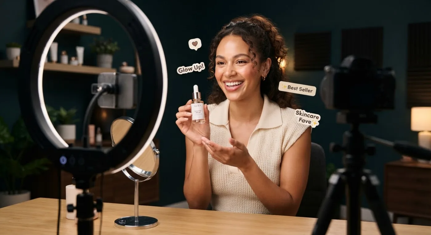 Creator showing a skincare dropper bottle